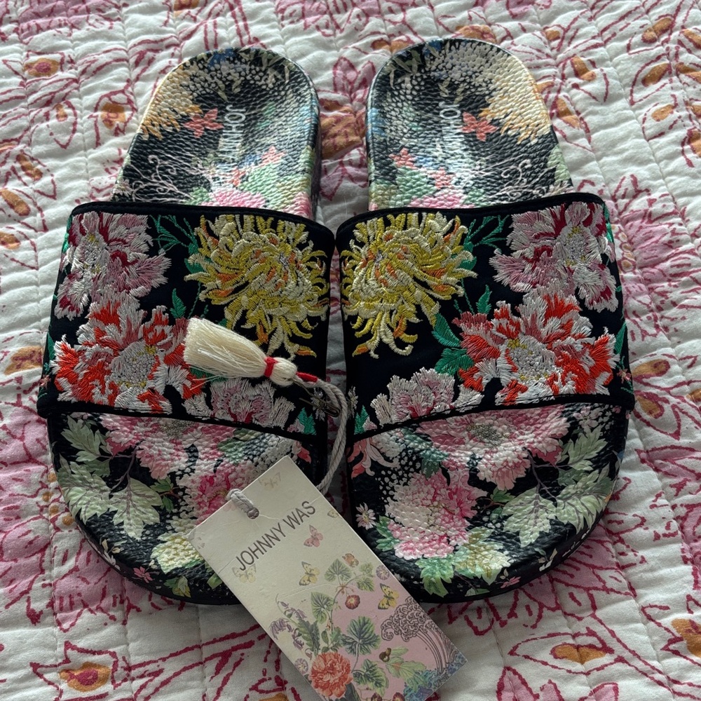 Johnny Was Multicolor Floral Embroidered Slides